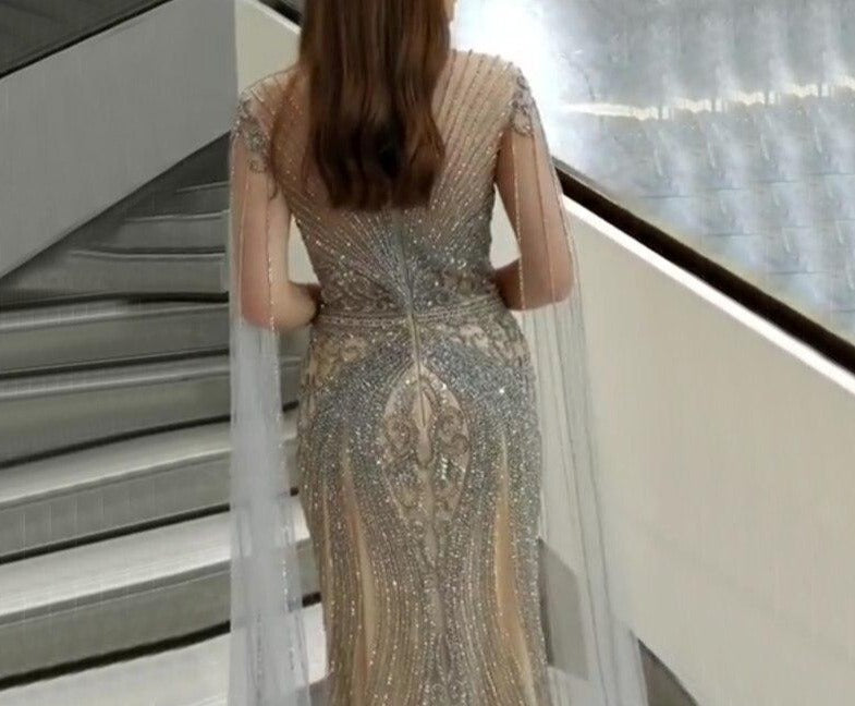 Rosalie Cape Sleeves Luxury Beading Mermaid Evening Gown Mscooco.co.uk