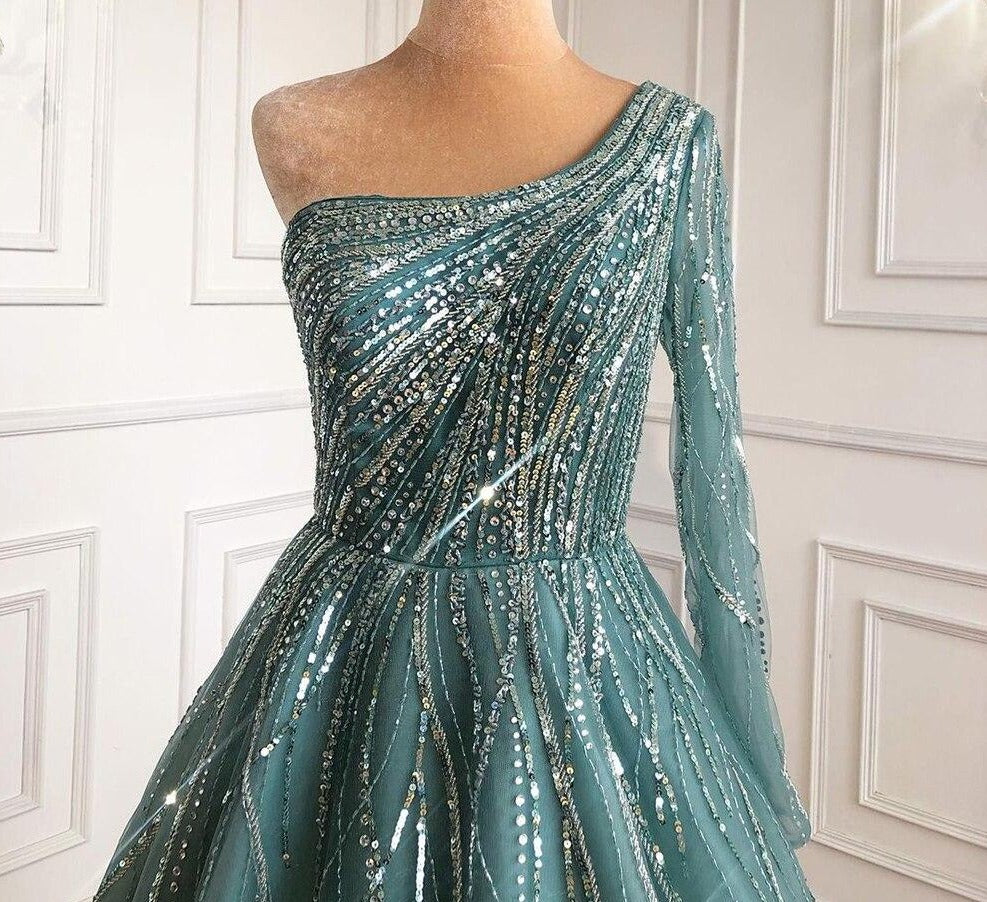 Paislee Luxury One Shoulder Beading Evening Dress Mscooco.co.uk