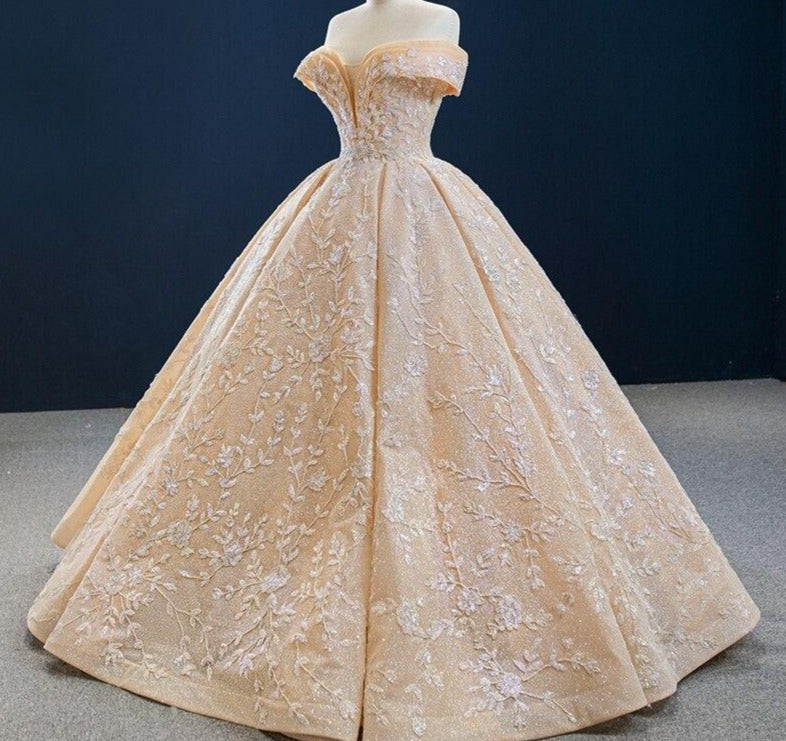 Off Shoulder Handmade Flowers Beading Wedding Dress Mscooco.co.uk