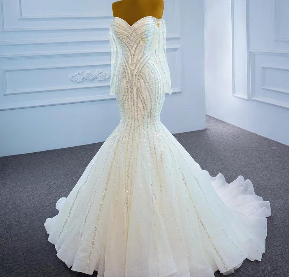 White Luxury Mermaid Beading Pearls Wedding Dress Mscooco.co.uk