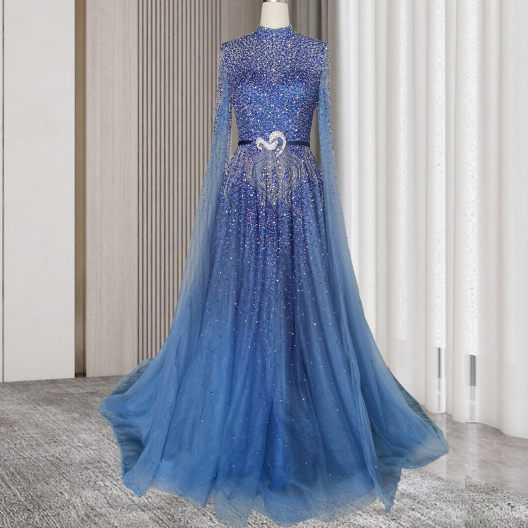 Tasia Blue Beading Luxury High Neck  Evening Gown Mscooco.co.uk