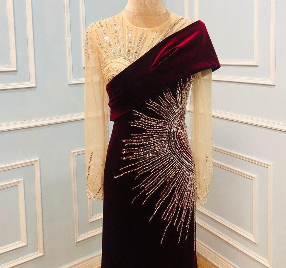 Reese Wine Red Velvet Mermaid Beading Formal Dress Mscooco.co.uk