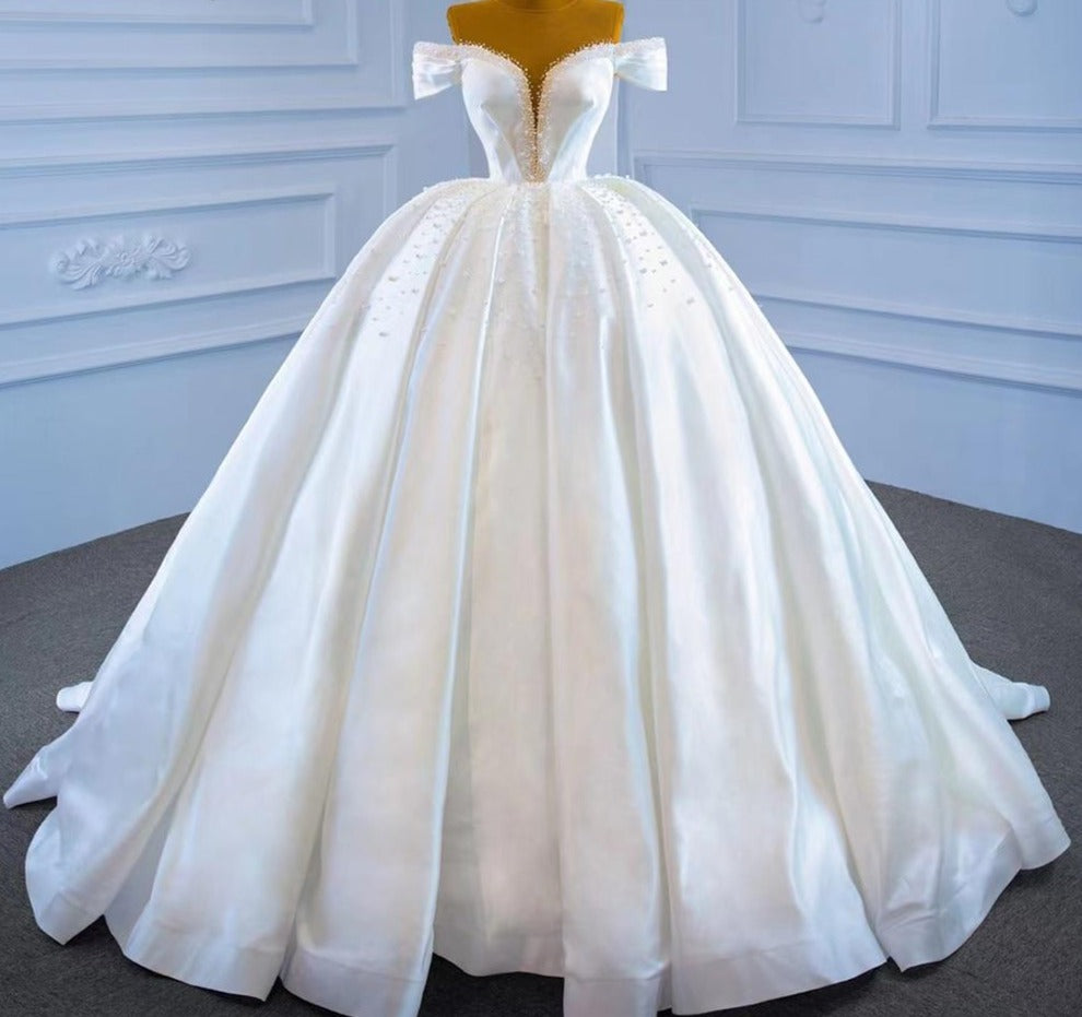 White Satin Beading Pearls Lace Up Bridal Dress Mscooco.co.uk