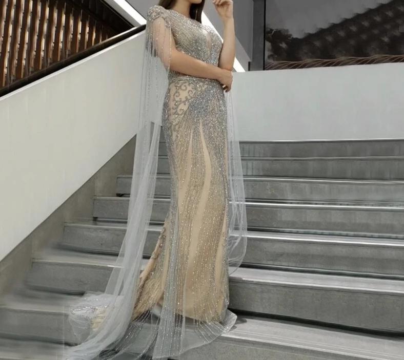 Rosalie Cape Sleeves Luxury Beading Mermaid Evening Gown Mscooco.co.uk