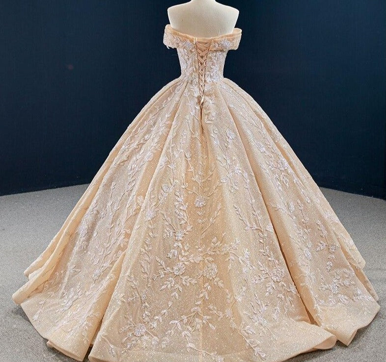 Off Shoulder Handmade Flowers Beading Wedding Dress Mscooco.co.uk