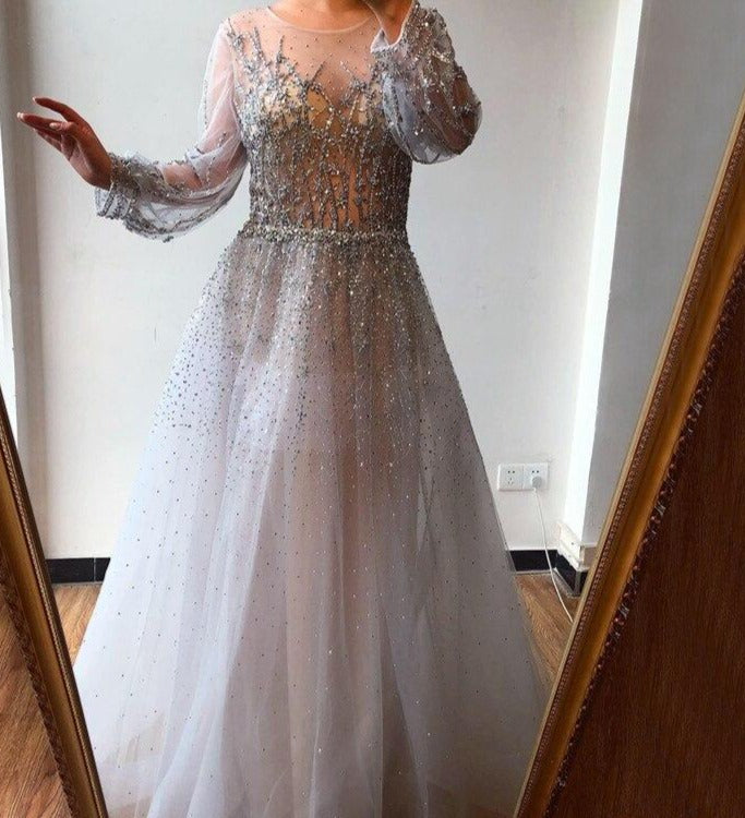 Valerie Silver Luxury A-Line Sequins Beading Formal Dress Mscooco.co.uk