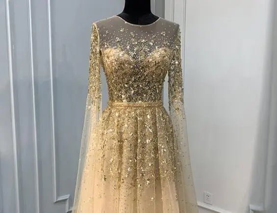 Aiyana Gold Luxury Sequins Crystal Evening Dress - Mscooco.co.uk