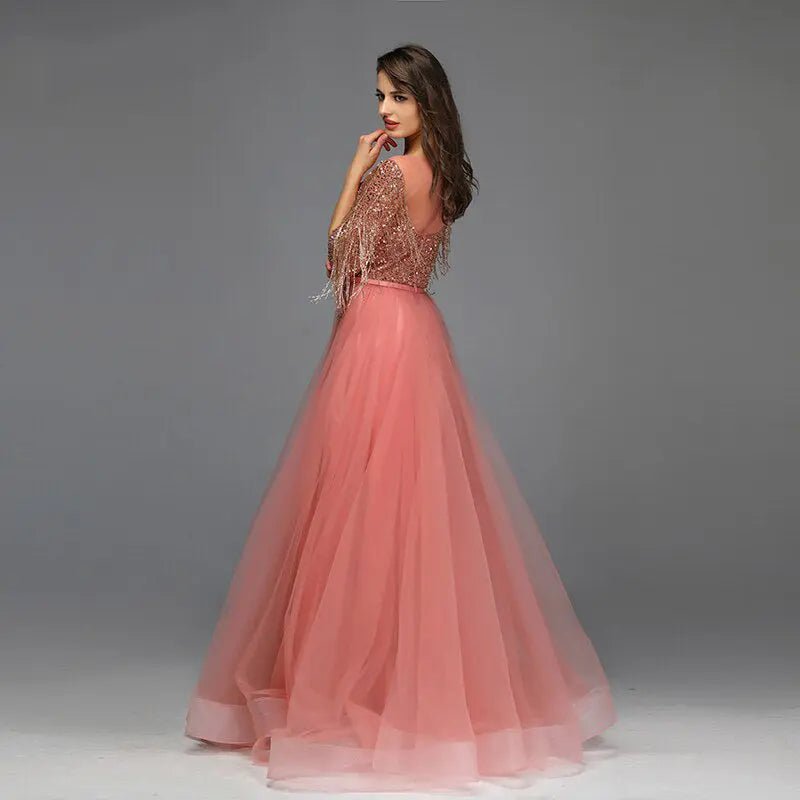 AIZA - Tassel Beading Gown In Rose Gold - Mscooco.co.uk