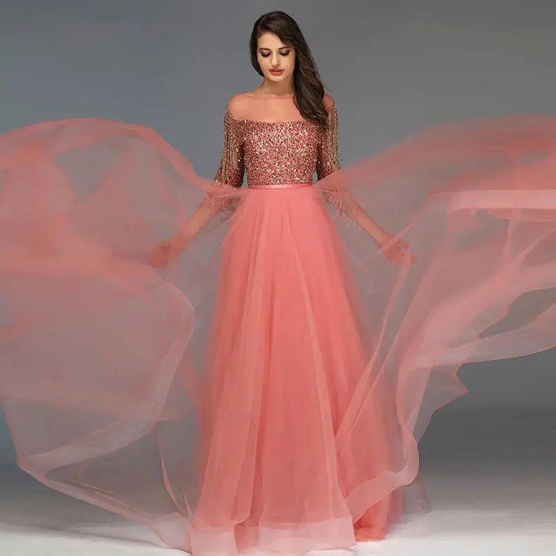 AIZA - Tassel Beading Gown In Rose Gold - Mscooco.co.uk