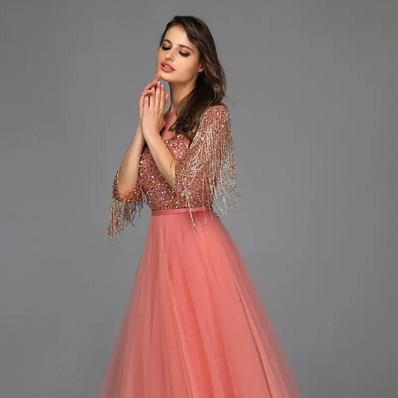 AIZA - Tassel Beading Gown In Rose Gold - Mscooco.co.uk