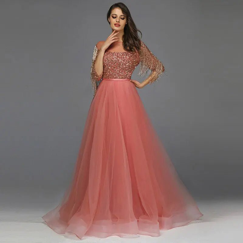 AIZA - Tassel Beading Gown In Rose Gold - Mscooco.co.uk