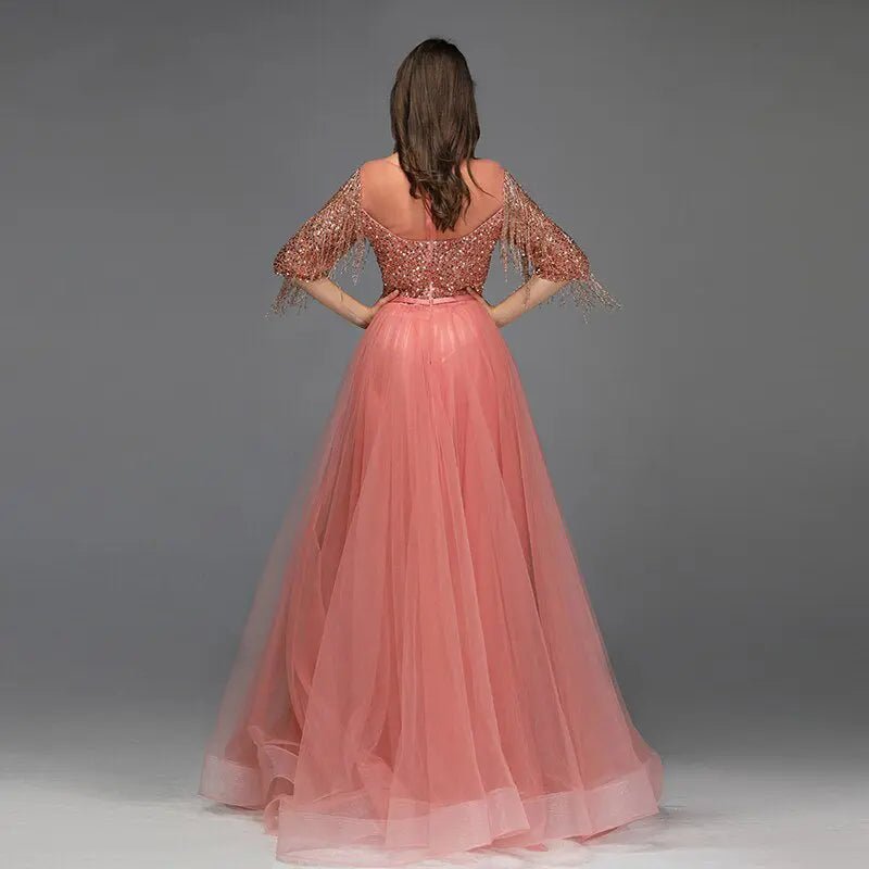 AIZA - Tassel Beading Gown In Rose Gold - Mscooco.co.uk