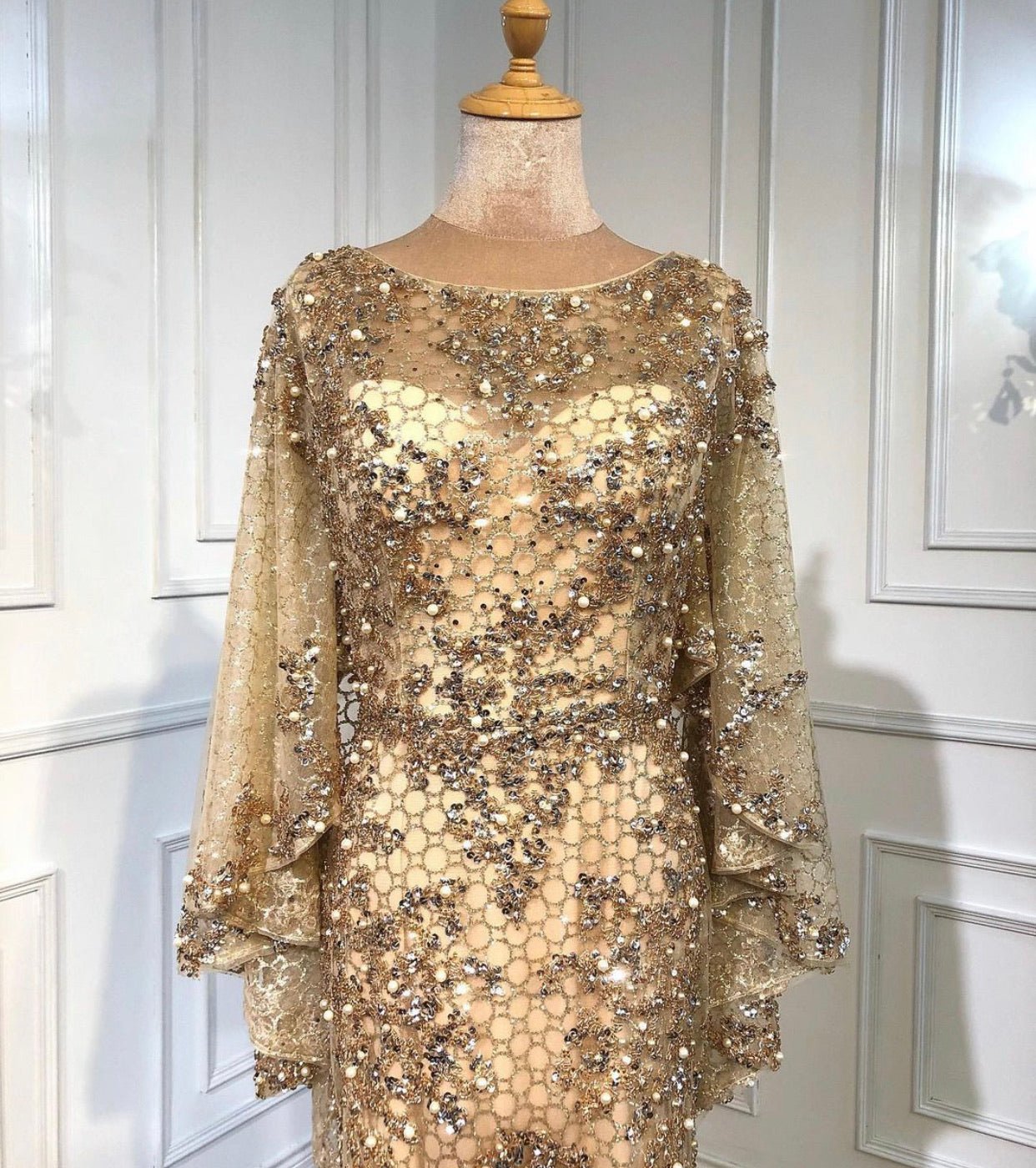 Amal Pearls Beading Embellished With Cape Evening Dress - Mscooco.co.uk