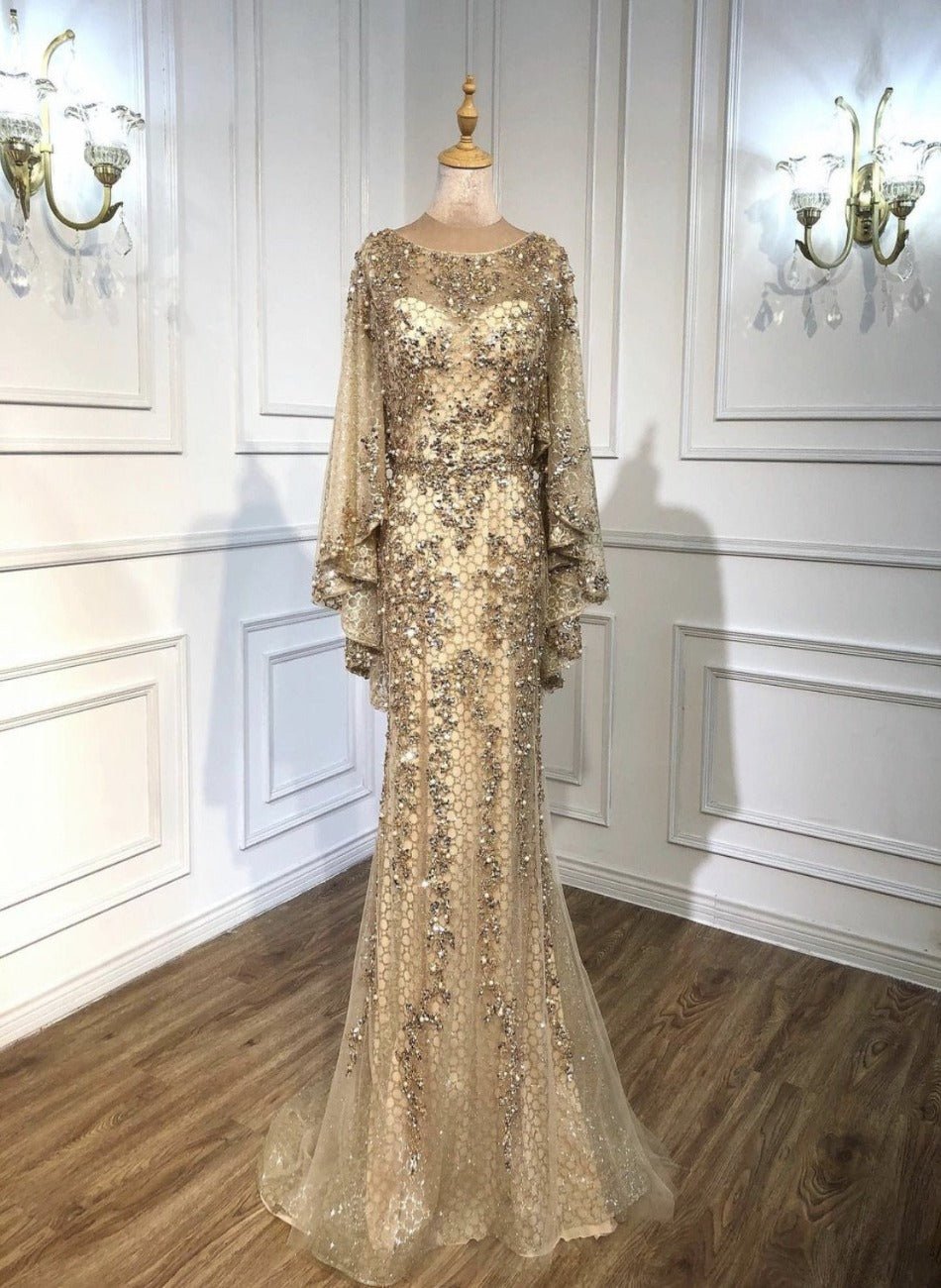 Amal Pearls Beading Embellished With Cape Evening Dress - Mscooco.co.uk