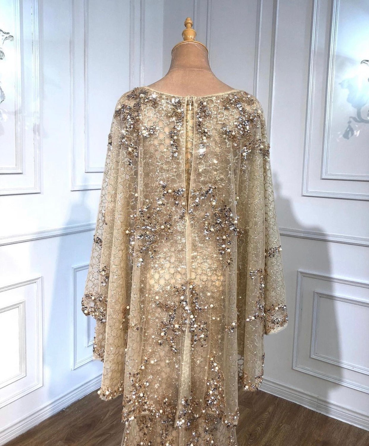 Amal Pearls Beading Embellished With Cape Evening Dress - Mscooco.co.uk