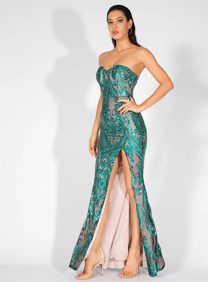 Anna - Green Sequins Bodycon Maxi Dress - Mscooco.co.uk