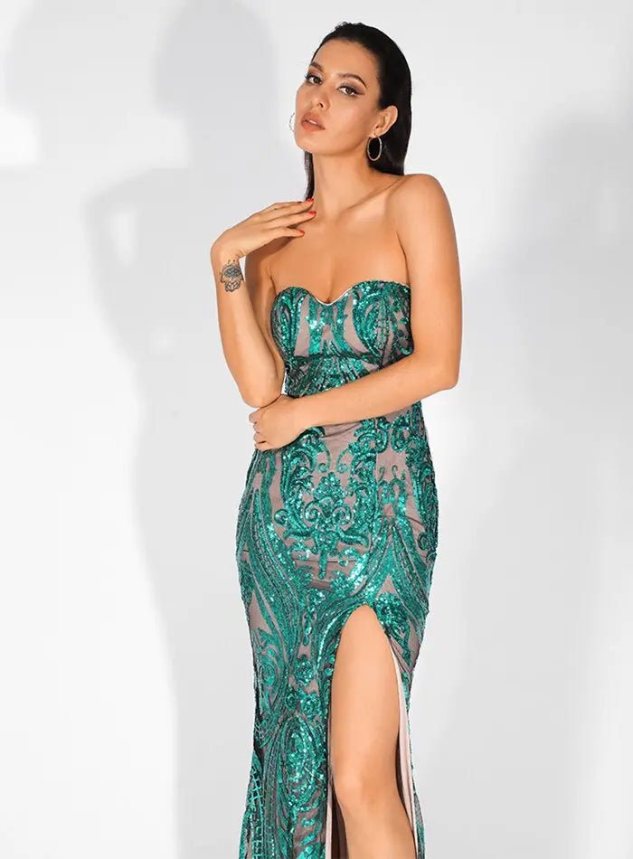 Anna - Green Sequins Bodycon Maxi Dress - Mscooco.co.uk