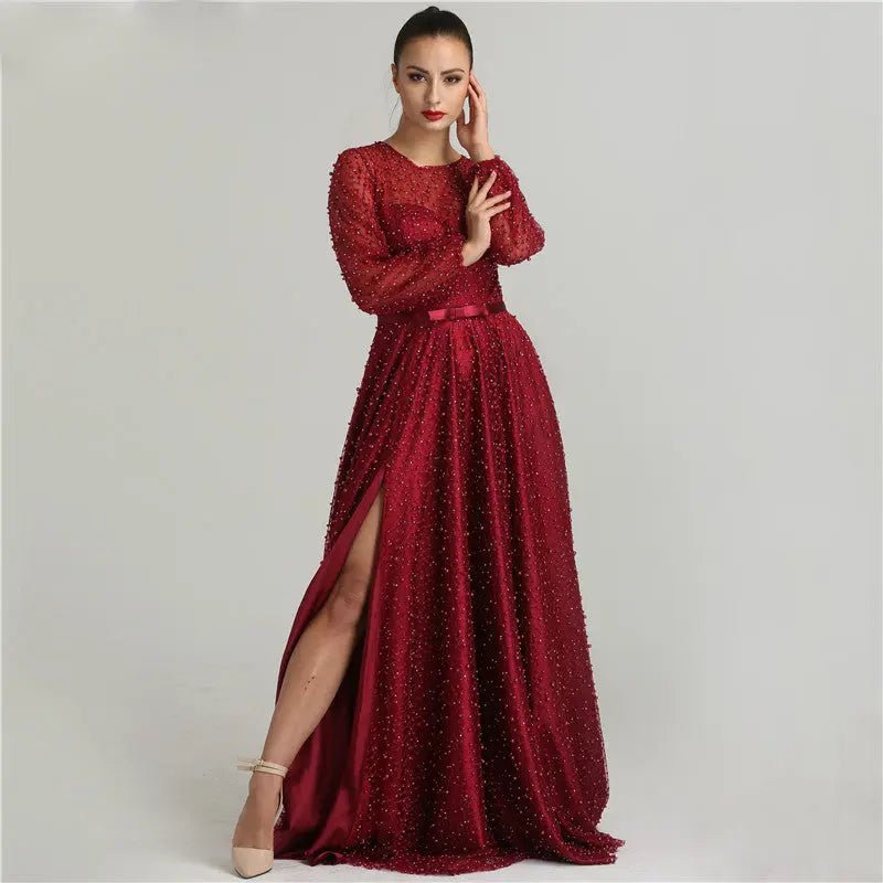 Arabella Pearls Lace Long Sleeve Evening Dress - Mscooco.co.uk
