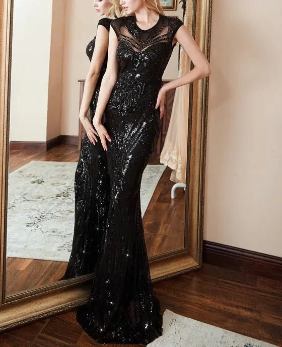 Areeba Black Sequin Long Maxi Dress - Mscooco.co.uk