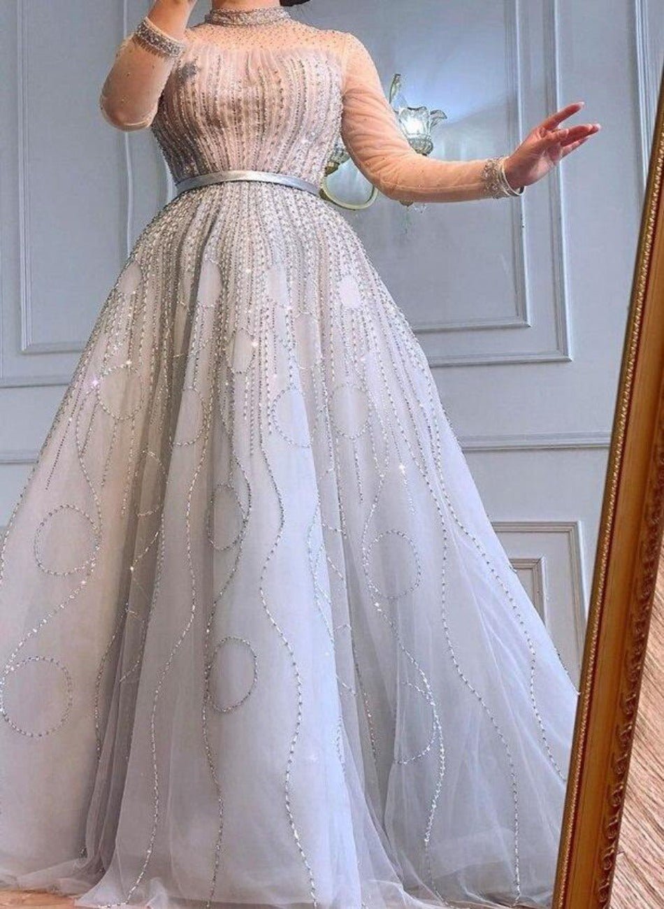 Aspen Grey A-Line Luxury Evening Dress - Mscooco.co.uk