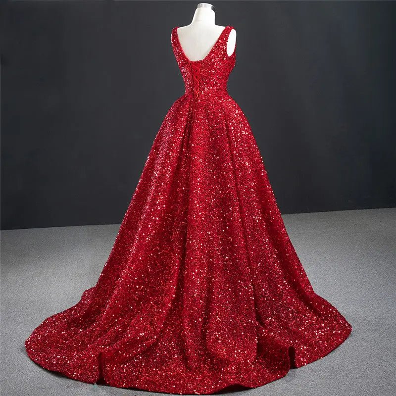 Sexy Halter Red Deep V-neck Mermaid Side-slit Long Sequin Prom Dress, –  SposaBridal