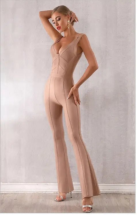 Backless V Neck Celebrity Jumpsuit - Mscooco.co.uk