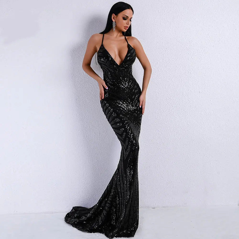 Black Backless Sequins Long Dress - Mscooco.co.uk