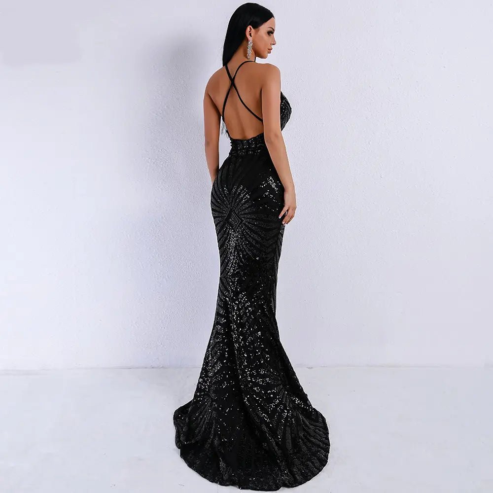 Black Backless Sequins Long Dress - Mscooco.co.uk