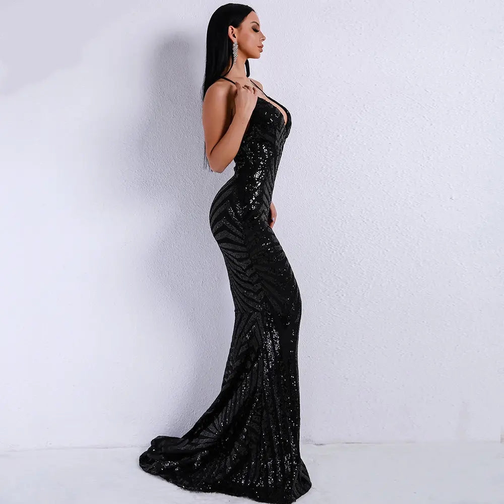 Black Backless Sequins Long Dress - Mscooco.co.uk