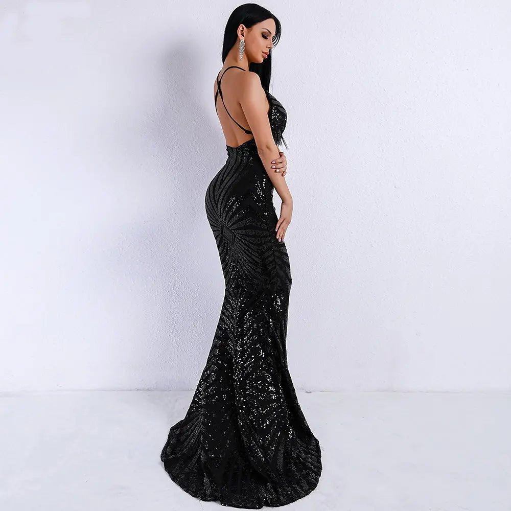 Black Backless Sequins Long Dress - Mscooco.co.uk