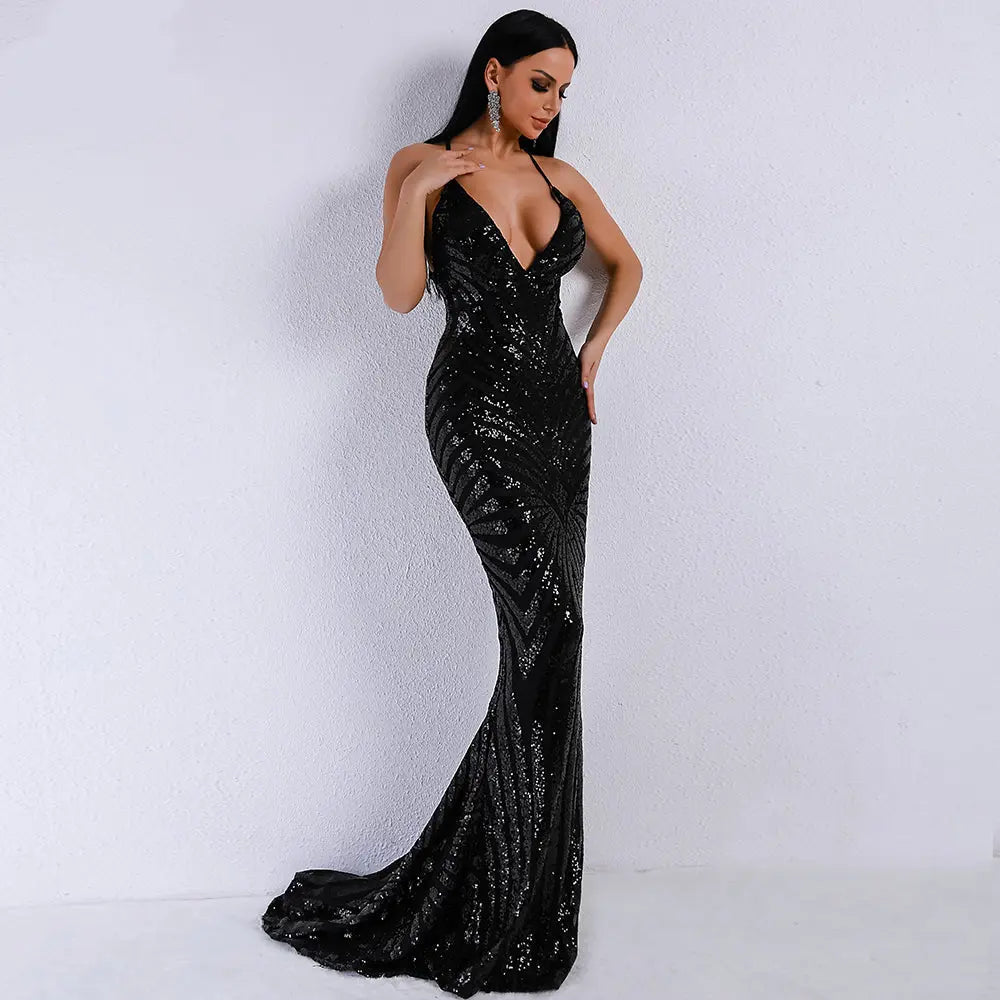 Black Backless Sequins Long Dress - Mscooco.co.uk