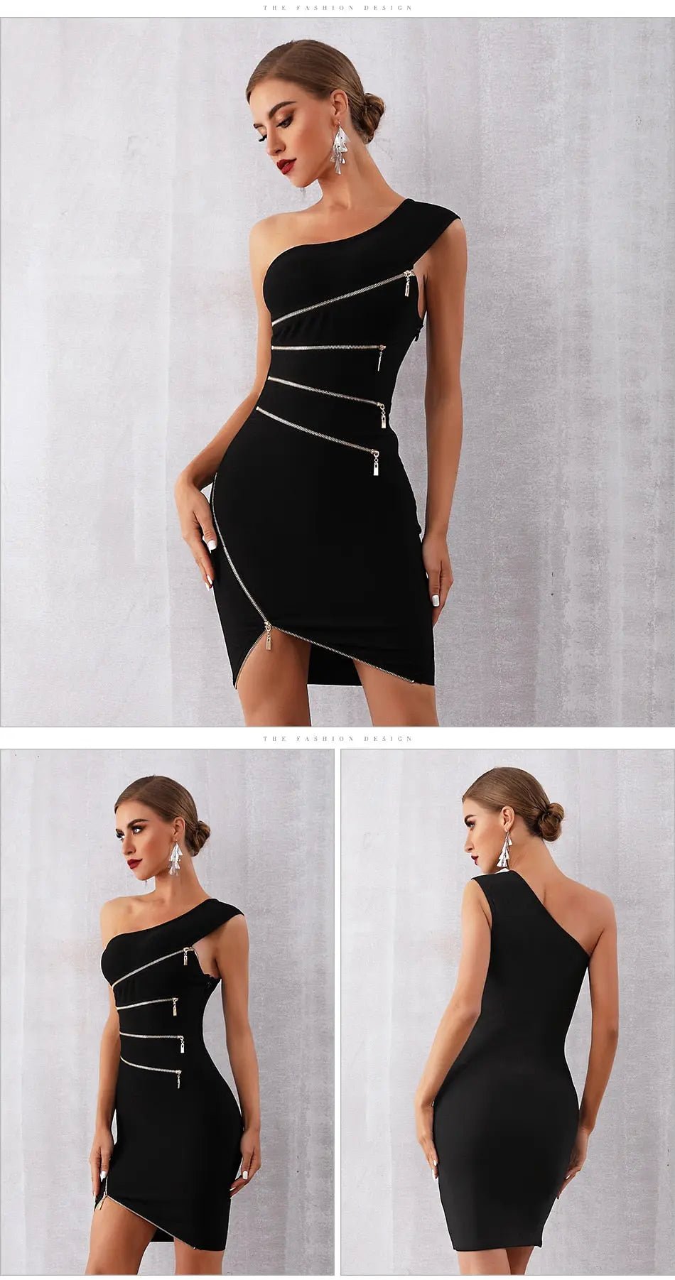 Black Bandage One Shoulder Zipper Dress - Mscooco.co.uk