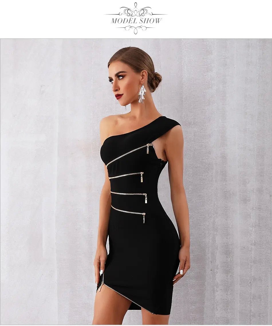 Black Bandage One Shoulder Zipper Dress - Mscooco.co.uk