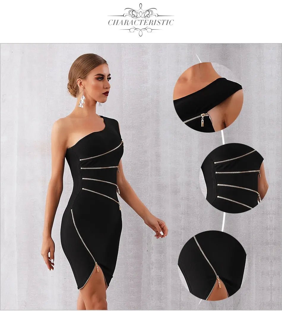 Black Bandage One Shoulder Zipper Dress - Mscooco.co.uk