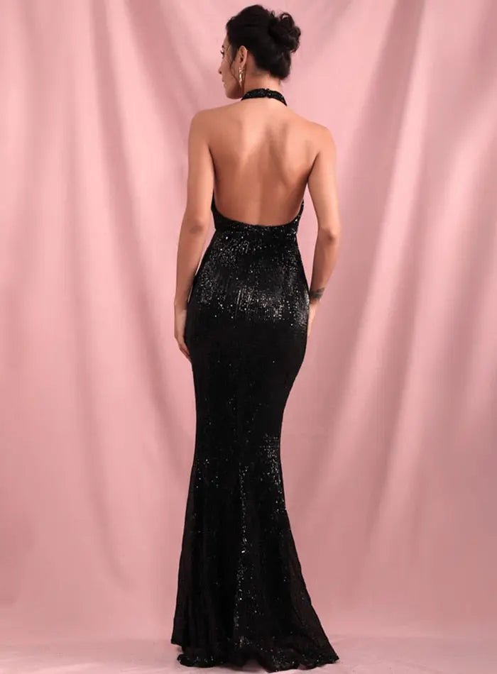 Black Halter Elastic Sequins Whit Split Maxi Dress - Mscooco.co.uk