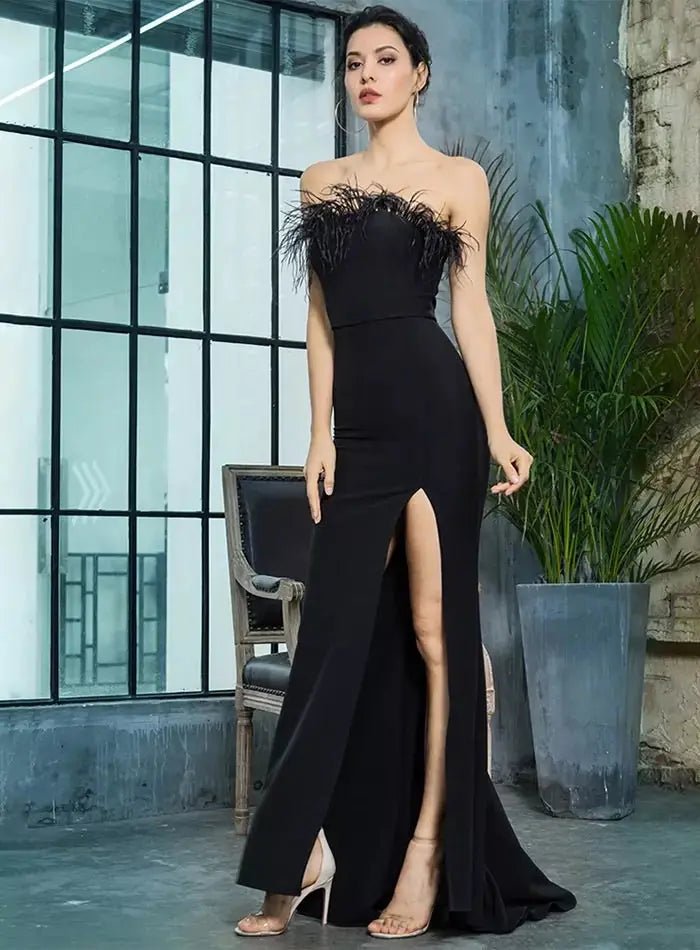 Black Strapless Cut Out Feather Long Dress - Mscooco.co.uk
