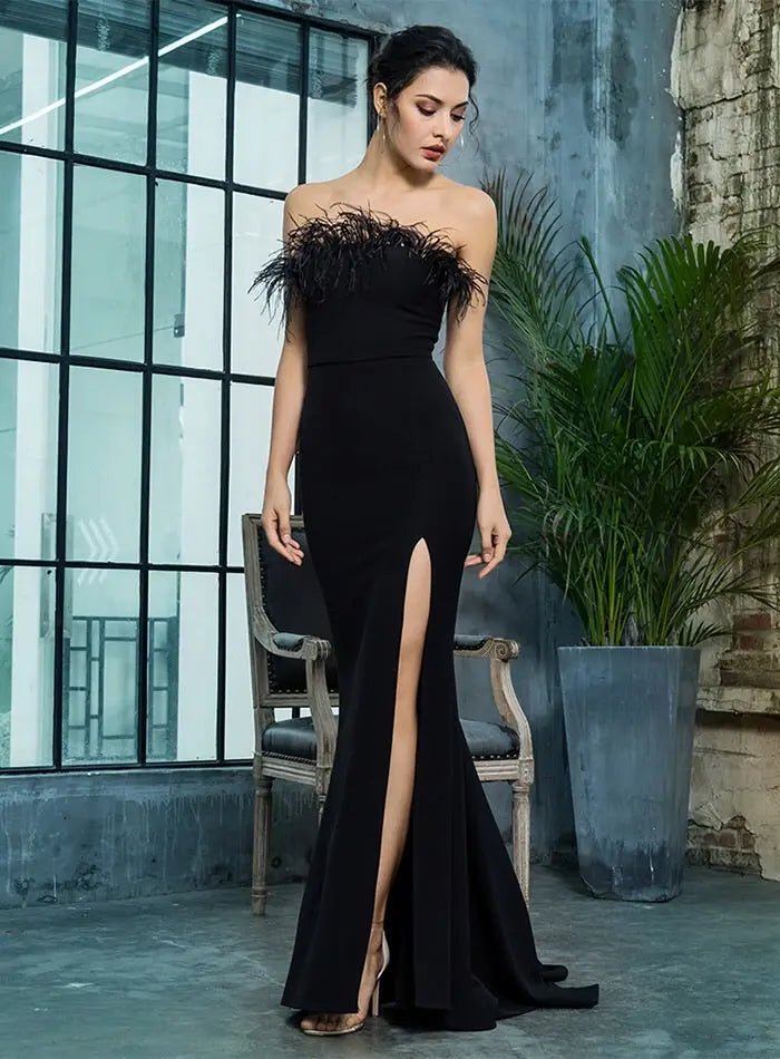 Black Strapless Cut Out Feather Long Dress - Mscooco.co.uk