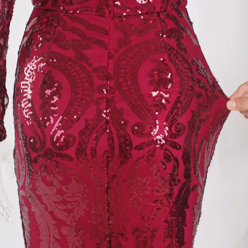 Burgundy Sequin Bodycon Maxi Dress - Mscooco.co.uk