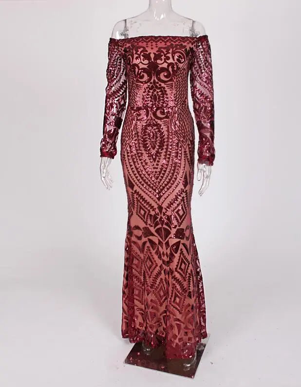 Burgundy Sequin Bodycon Maxi Dress - Mscooco.co.uk