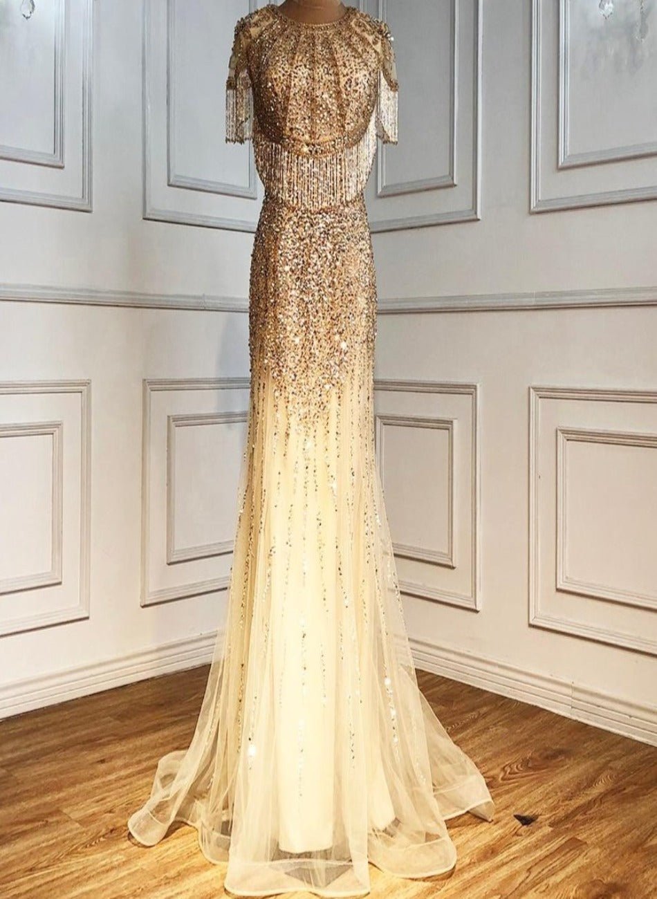 Casey Gold Luxury Beading Tassel Evening Dress - Mscooco.co.uk