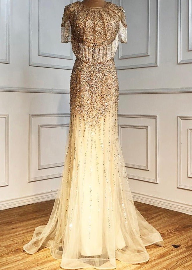 Casey Gold Luxury Beading Tassel Evening Dress - Mscooco.co.uk