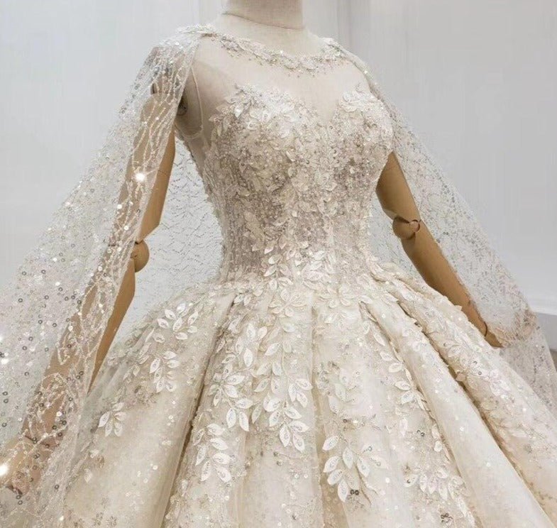 Champagne Handmade Flowers Sequins Luxury Bridal Gowns - Mscooco.co.uk