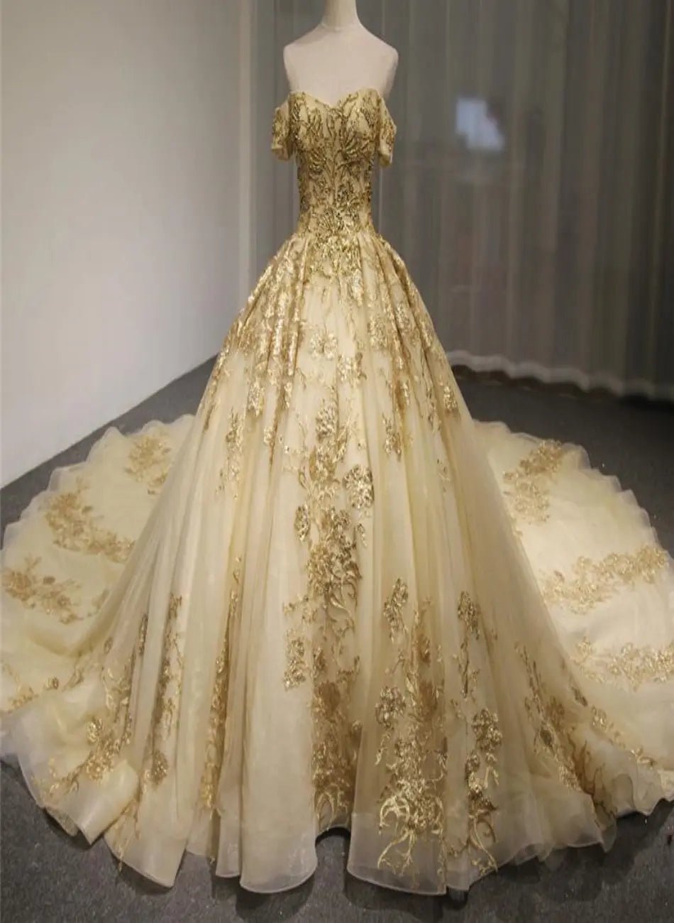 Chloe Gold Beading Sequined Wedding Gown - Mscooco.co.uk