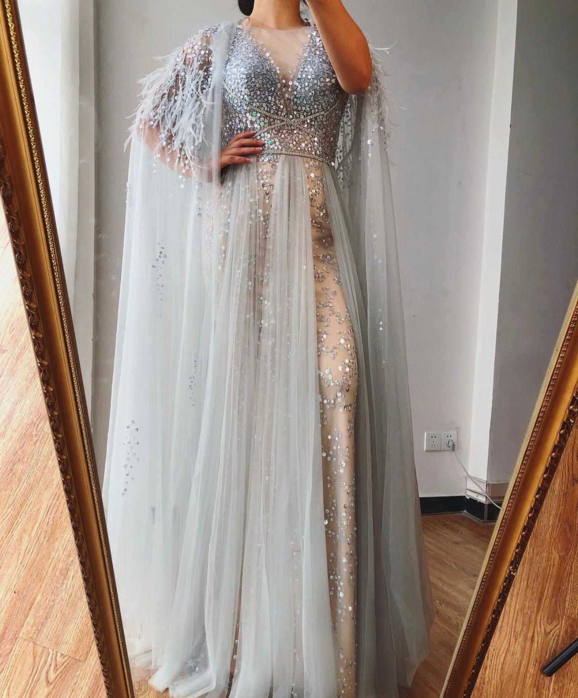 Dahlia Luxury Formal Dress with Feathers Shawl Yarn - Mscooco.co.uk
