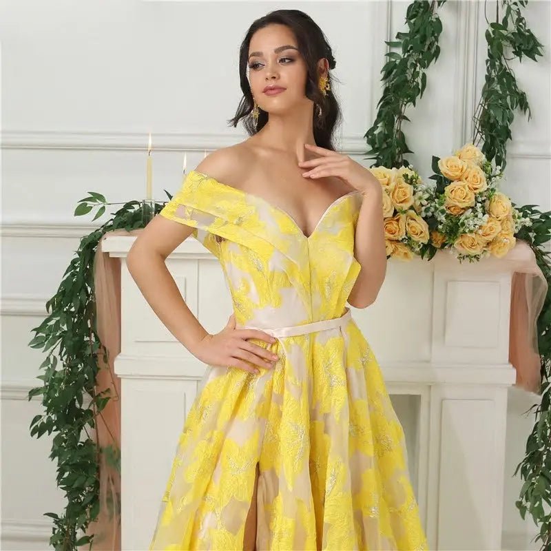 Davina Yellow Off Shoulder Evening Dress - Mscooco.co.uk