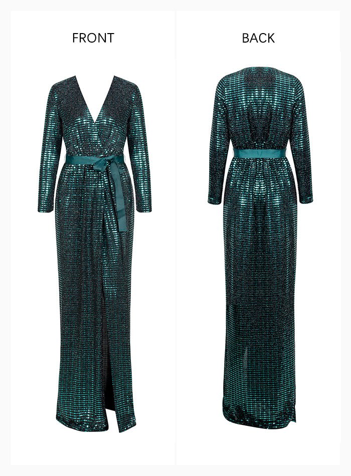 Deep V-Neck Gold Cross Fit Long Sleeve Composite Sequins Long Dress - Mscooco.co.uk