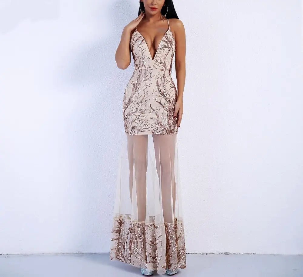 Deep V Sequins Evening Elegant Party Dress - Mscooco.co.uk