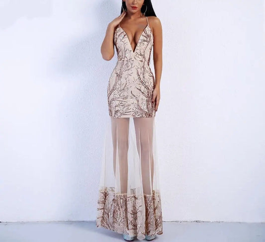 Deep V Sequins Evening Elegant Party Dress - Mscooco.co.uk