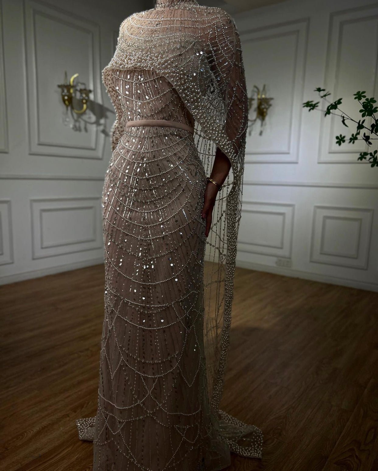 Dive Mermaid Beaded Embellished cape sleeves Gown - Mscooco.co.uk