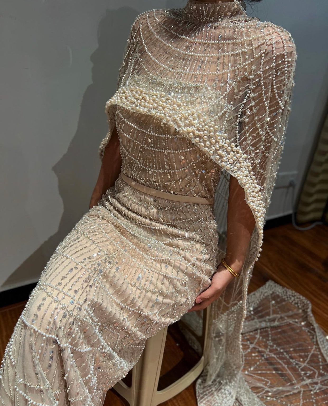 Dive Mermaid Beaded Embellished cape sleeves Gown - Mscooco.co.uk